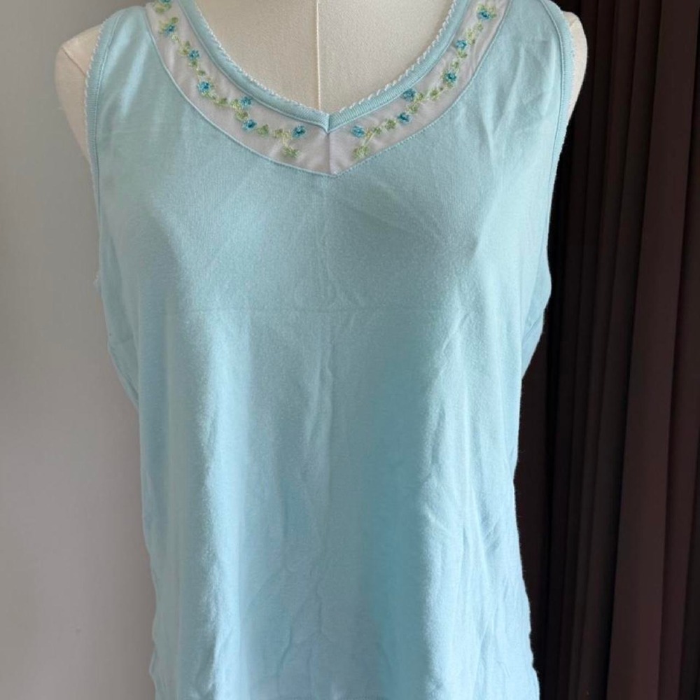 Carole Hochman Women Blue Cotton Tank Top Embroidered Floral Trim Large